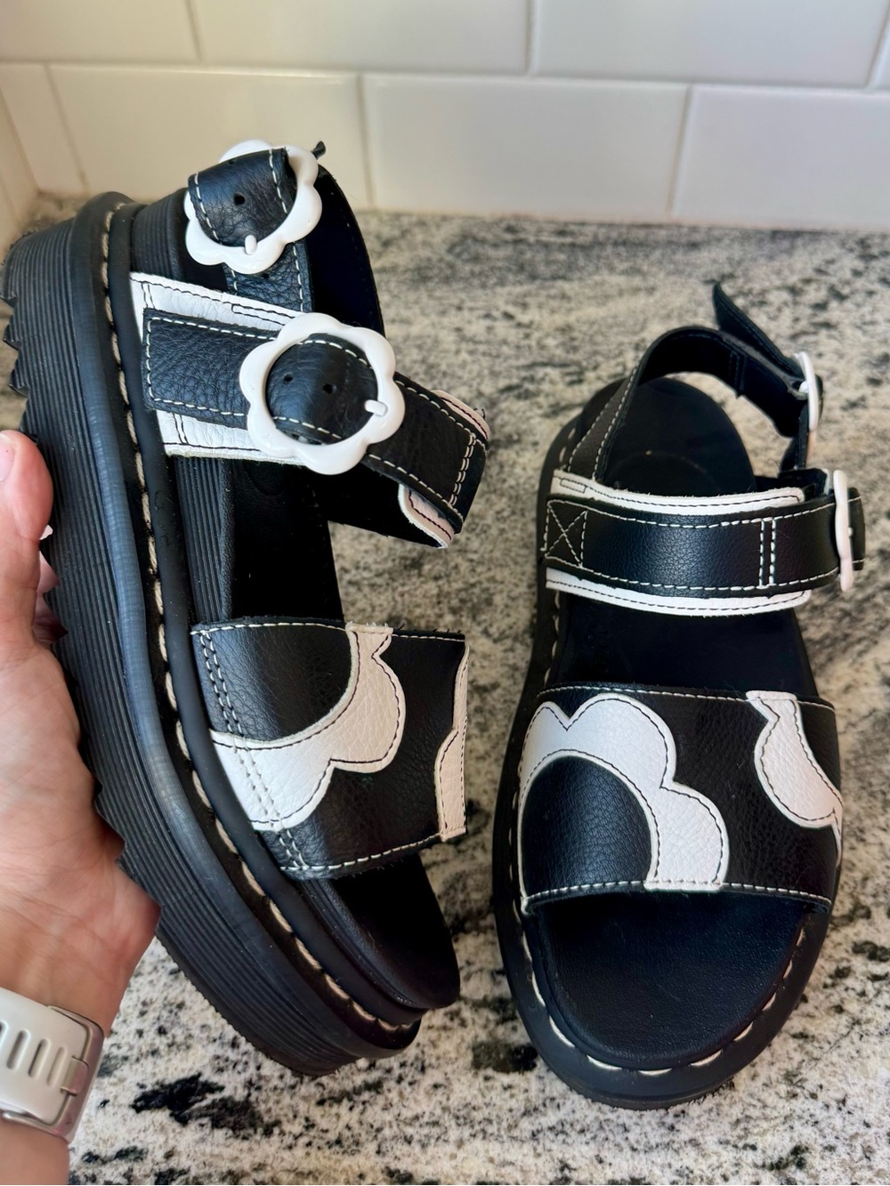 Dr. Martens Voss Mono Floral Leather Sandals in Black & White. Size 6. EUC.
